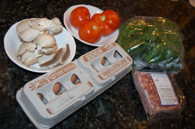 Produce, eggs, and ground pork purchased from a local farmer's market in North Carolina.