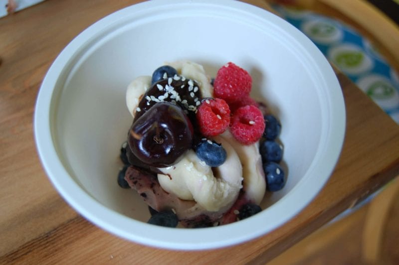 Vegan "banana ice cream" topped with fresh fruit served at Luna's Living Kitchen in Charlotte, NC.