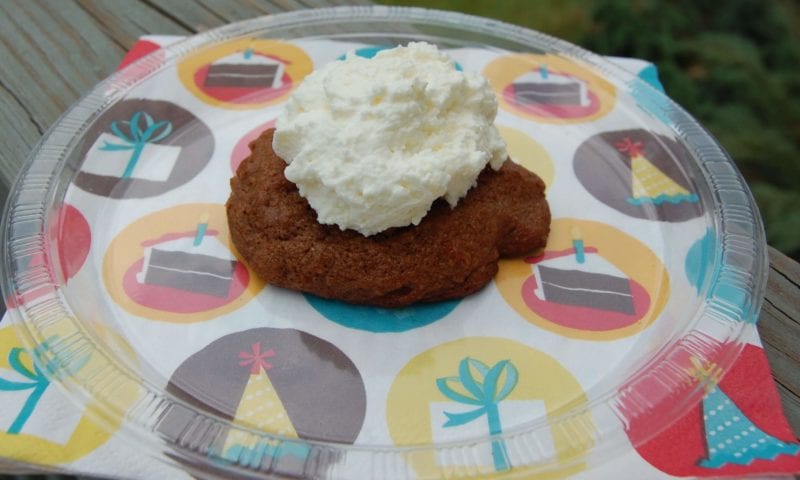 Chocolate pecan cookie with sugarless cream on top.