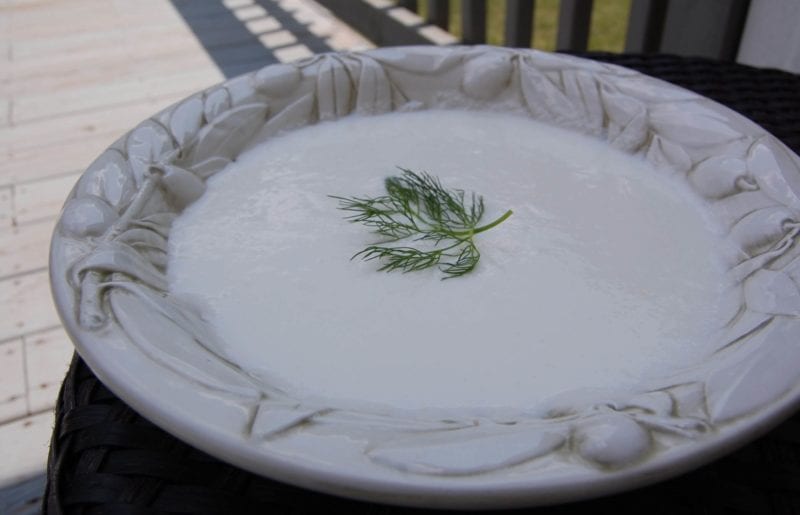 Homemade white gazpacho soup in a bowl.