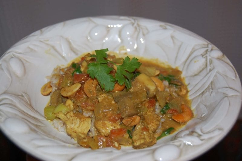 Homemade chicken and mushroom curry with cashews and brown rice.