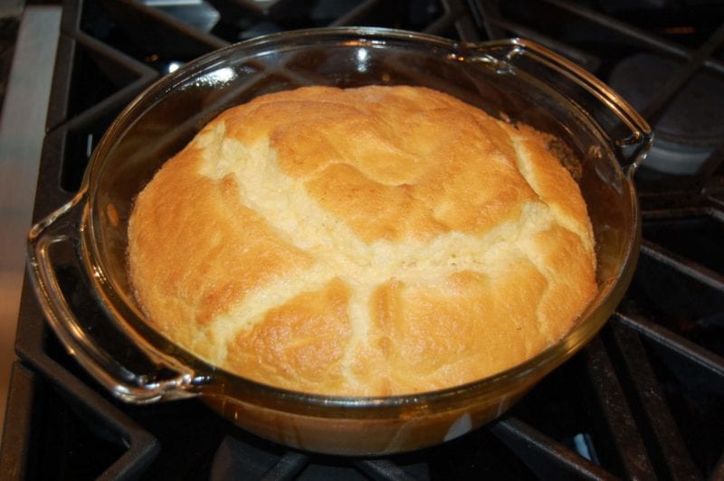 Homemade egg soufflé in a bakign dish.